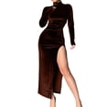 thumbnail image 2 of Women'S Long Sleeve Side Ruched High Slit Maxi Dress Mock Neck Velvet Bodycon Party Club Thigh Split Long Dress Brown L, 2 of 7