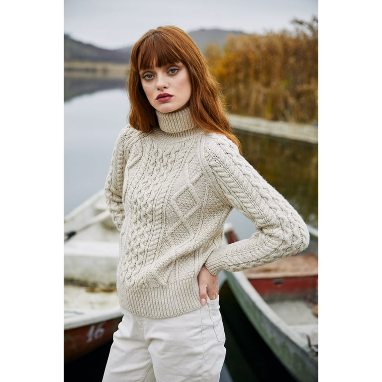 Ladies Turtleneck Wool Aran Sweater - X-Large, Parsnip | Saol