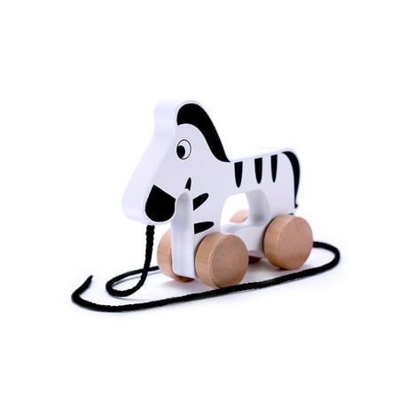 adorable zebra wooden pull along toy for toddlers boy & girl | rolls easy, sturdy string