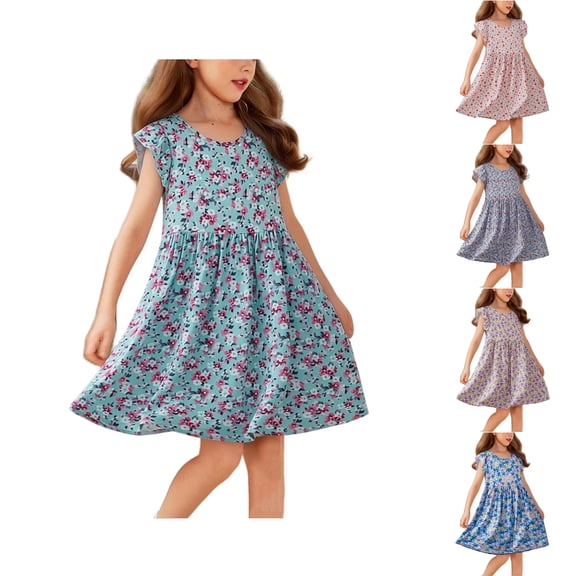 SROBPTY Girls Summer Dress Print Crew Neck Short Sleeve Mid-Length Sundress for 2-15 Years