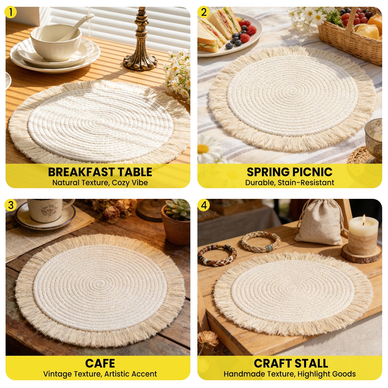 Garvee 8 Pack Boho Round Cotton Placemats with Tassels, 13 Inch Farmhouse Woven Table Mats, Rustic Natural Dining Table Decor for Kitchen, Wedding, Party & Indoor Outdoor Use
