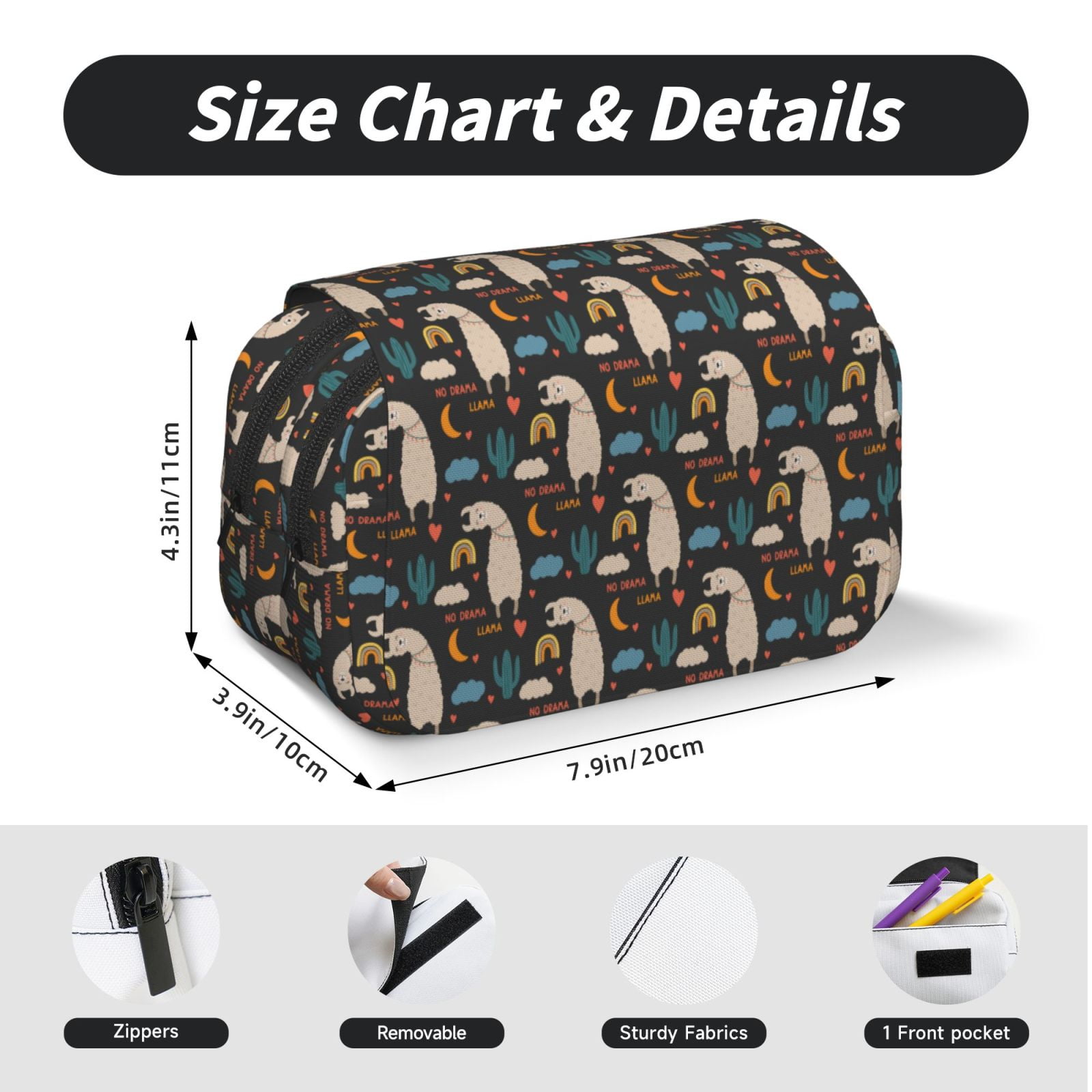 Rateoe Cute Alpaca Pattern Double Clamshell Pen Case, Storage Organizer with Two Zipper Compartments– Holds Up to 50 Pencils & Pens