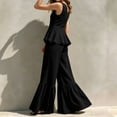 thumbnail image 7 of Womens Casual Two Piece Outfit V Neck Sleeveless Button Peplum Top High Waist Ruffle Hem Wide Leg Pants Solid Color Elegant Set Black M(M), 7 of 7