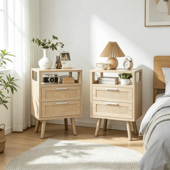 Modern Nightstand Set of 2 with Drawers, Natural Wood Bedside Table for Bedroom Storage, Minimalist End Table with Handles