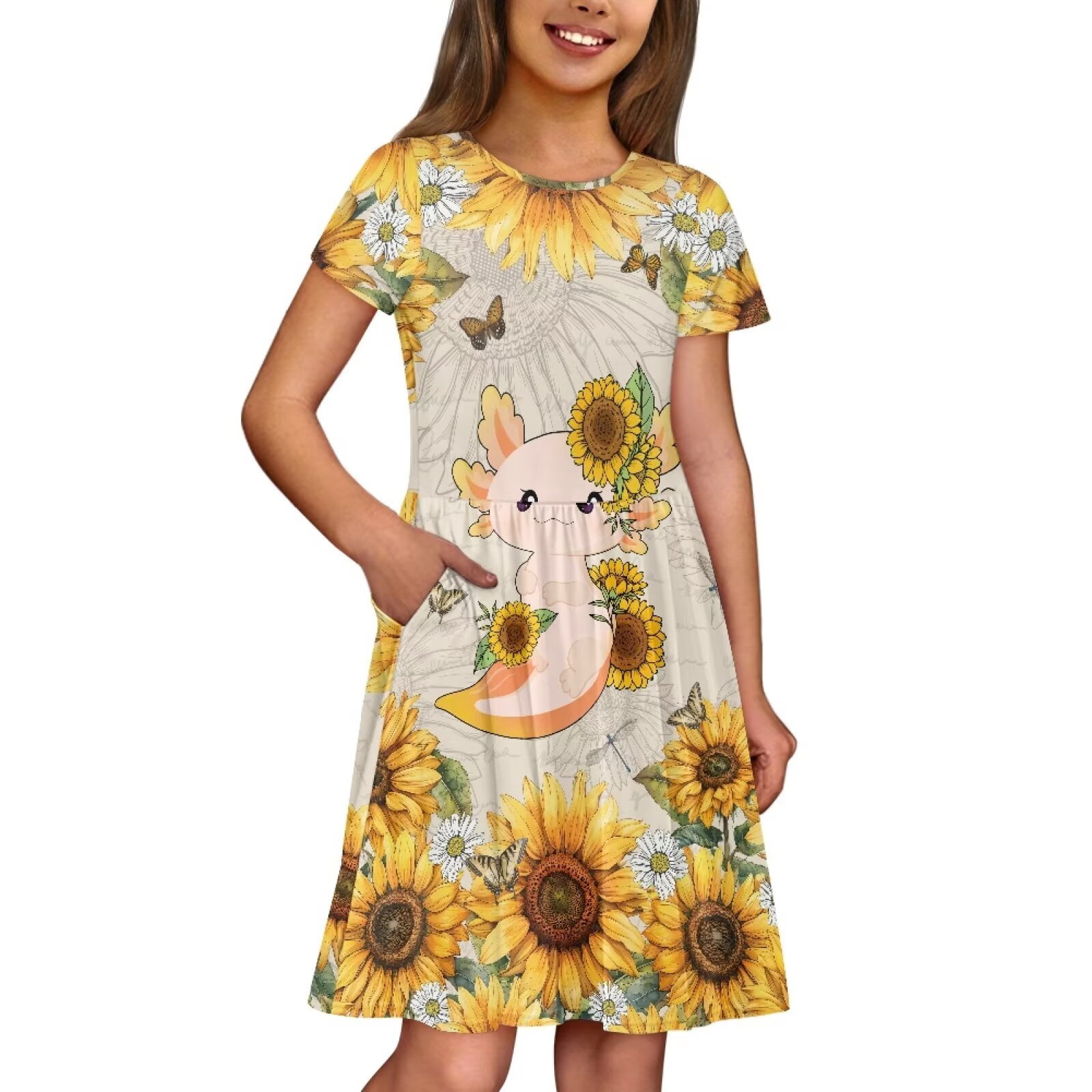 Uourmeti Axolotl Sundress Kids Cute Short Sleeve Swing Dress Sunflower Crewneck Knee Length A-Line Dresses with Pockets for Girls Toddlers Teens