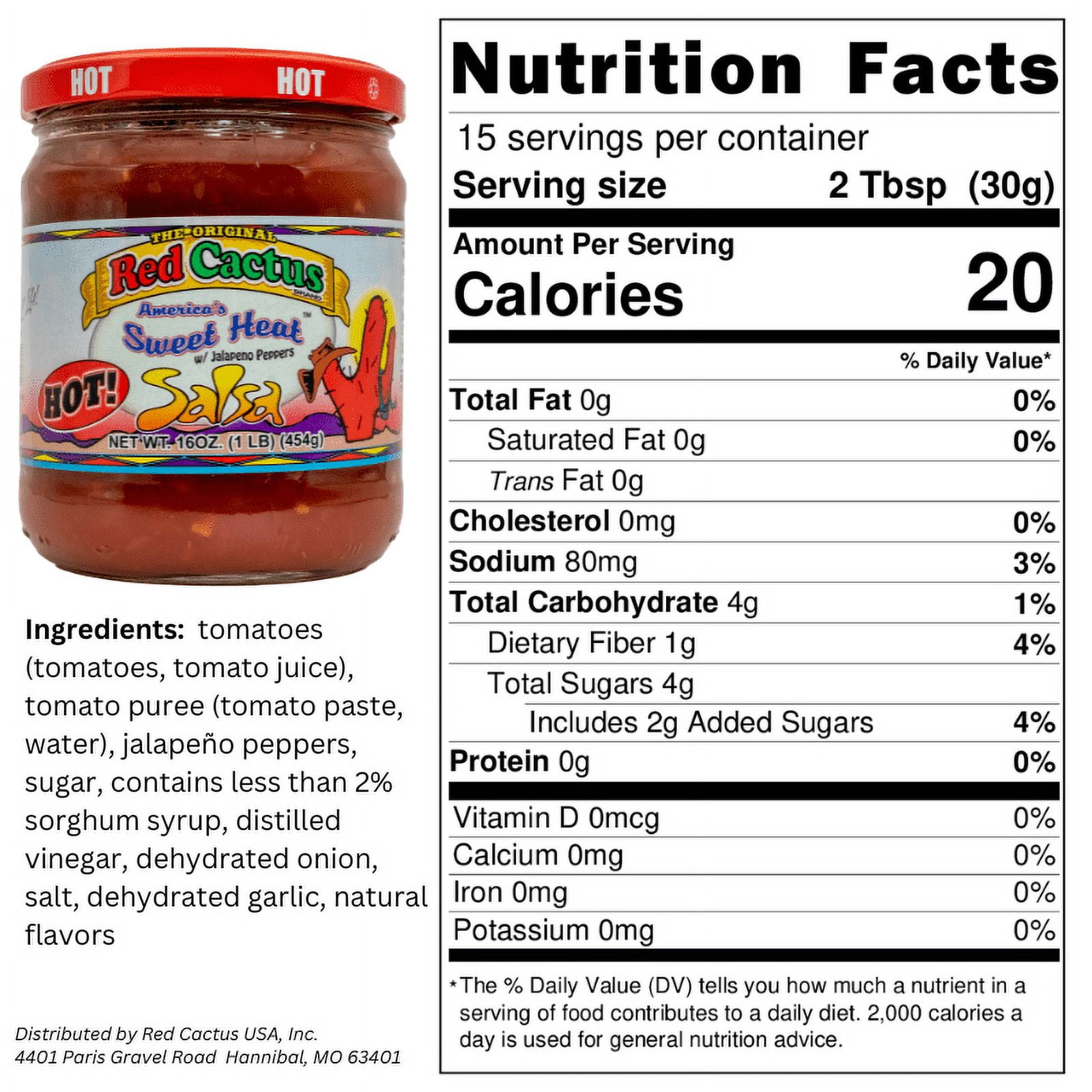 Red Cactus America’s Sweet Heat Salsa with Jalapeno Peppers, Hot, 16 oz - Hot Salsa for Chips, Tacos, and Nachos
