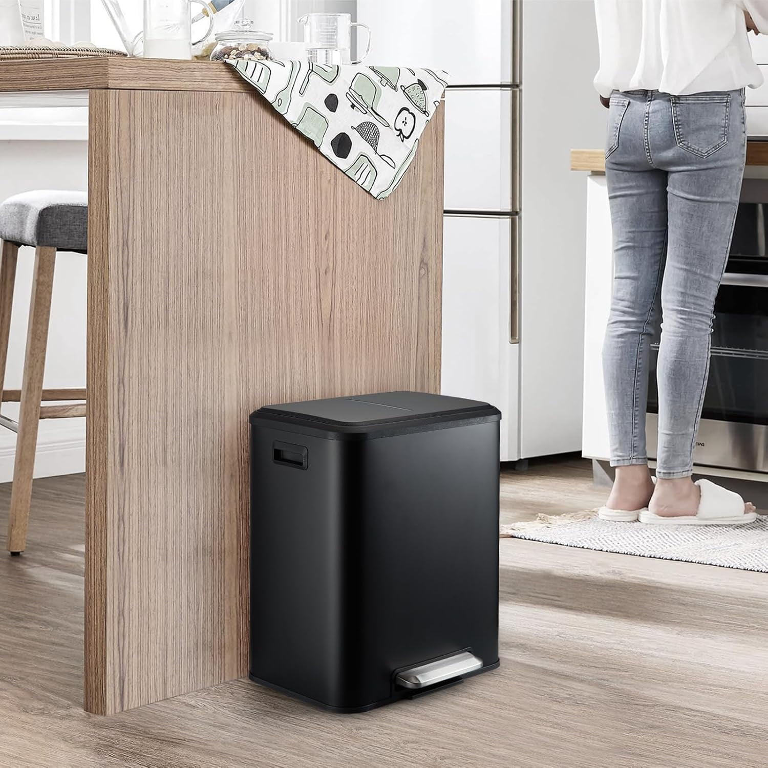 Dual Trash Can for Recycling and Trash,2 x 4 Gal Garbage Can for Kitchen,Metal 30-Liter Dual Compartment Step Trash Can,Removable Liner Buckets