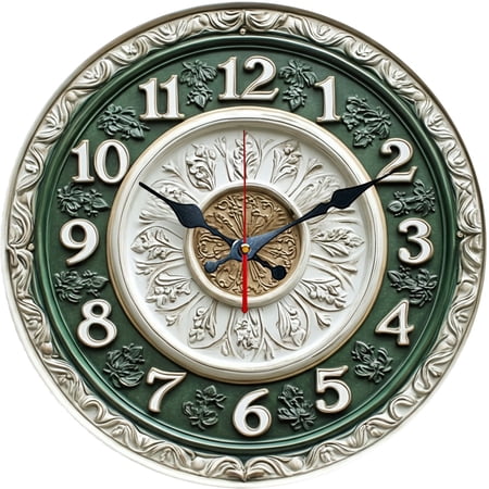 SBEMP10 Inch Silent Wall Clock, Luxury Embossed European Vintage Green Decorative Wall Clock, Battery Operated Non-Ticking Round Clock for Living Room Bedroom Office Home Decor