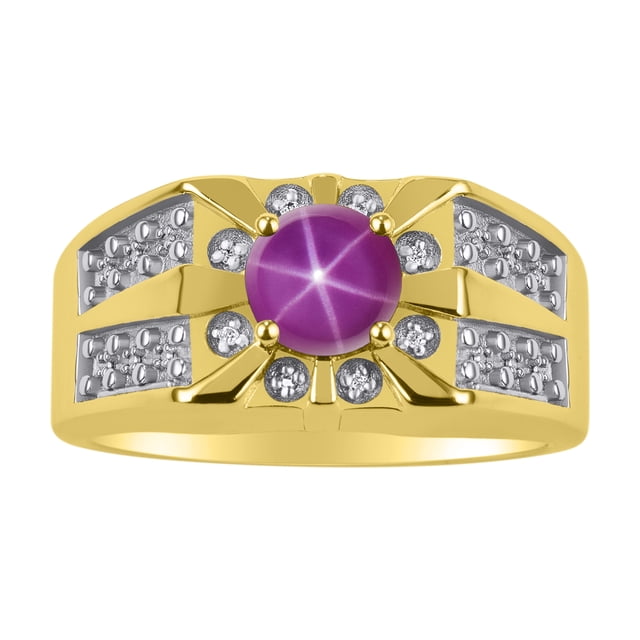 RYLOS Men's Rings 14K Yellow Gold Designer Starburst 7MM Round Gemstone & Diamond Ring Star Ruby July Birthstone Rings Size 12