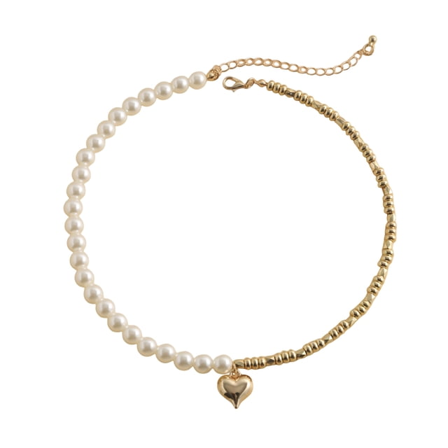 LYMAYTER Collier pour Adolescentes Collier pour Femmes - Cœur Lisse, Fausse Perle, Ajustable-Cyyltable