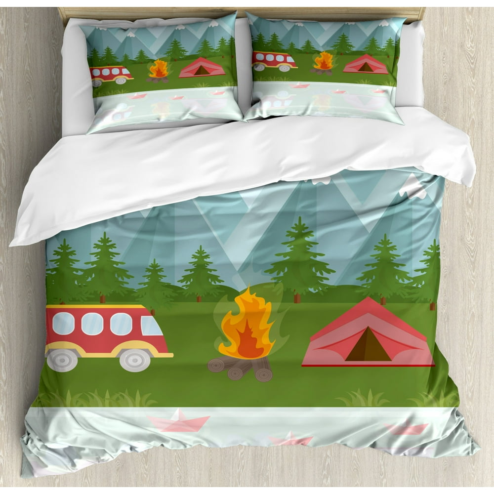 Camper Queen Size Duvet Cover Set, Cartoon Tent Fire and Hippie Style ...