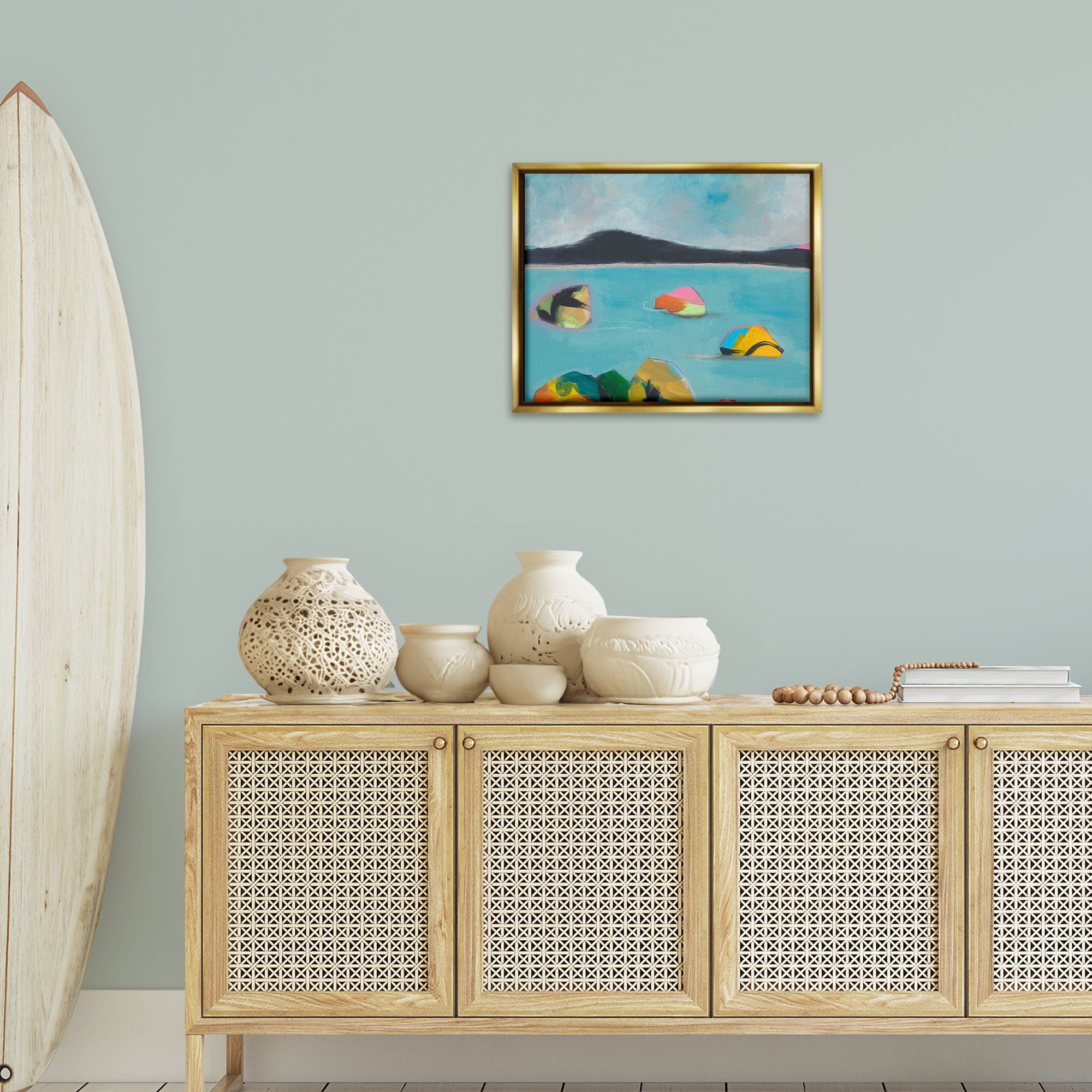 Stupell Industries Abstract Sea Buoys Landscape & Nature Painting Gold Floater Framed Canvas Art Print Wall Art, 21 x 17