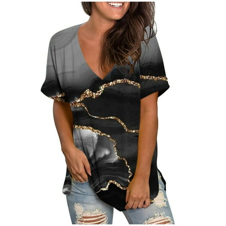

kakina CMSX Womens Plus Size Tops Clearance Women s Printed Blouse V-neck Short Sleeve Loose T-shirt Tops