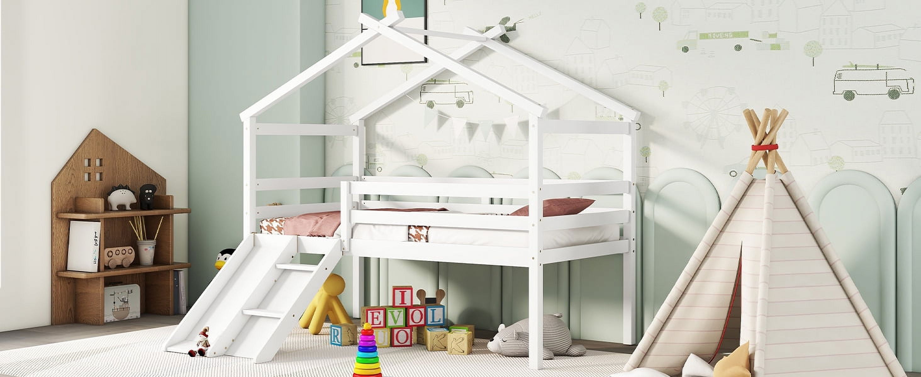 Mintazer Twin Size House Loft Bed with Slide & Ladder, Playhouse Gable Roof Low Loft Bed Frame with Guardrails for Kids Toddler Bedroom, White