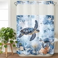 thumbnail image 3 of Coastal Beach No Hook Shower Curtain Waterproof, Bathroom Curtains with Snap in Liners and See Through Top Window, Sea Turtle Nautical Coral Starfish Hotel Style Bathtub Curtains Shower 60"Wx72"L, 3 of 8
