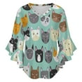thumbnail image 5 of Cute Cats Face Women's V-Neck Blouse With 3/4 Ruffled Bell Sleeves Casual Top Ladies Blouses, 5 of 7