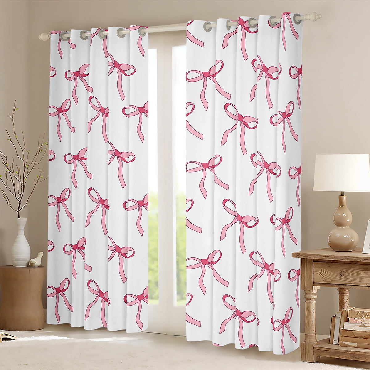 Manfei Pink Bowknot Ribbon Black Out Curtains,Cartoon Bow Tie Curtains Pack of 2 (42x63 Each),Princess White Pink Bedroom Curtains For Girls,Microfiber Bedroom Decor