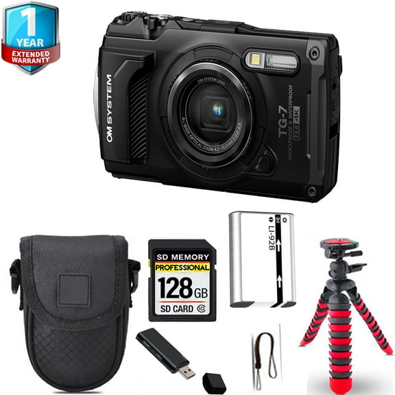 Olympus OM SYSTEM Tough TG-7 Digital Camera (Black)   Spider Tripod   1 Yr Warranty - 64GB (International Version)