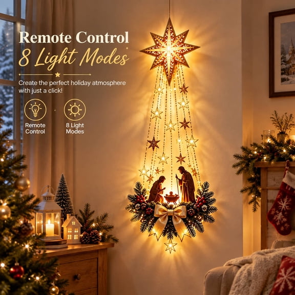 Christmas Wall Decoration with Lights Glowing Birthplace Nativity Scene Bethlehem Star Home Decor