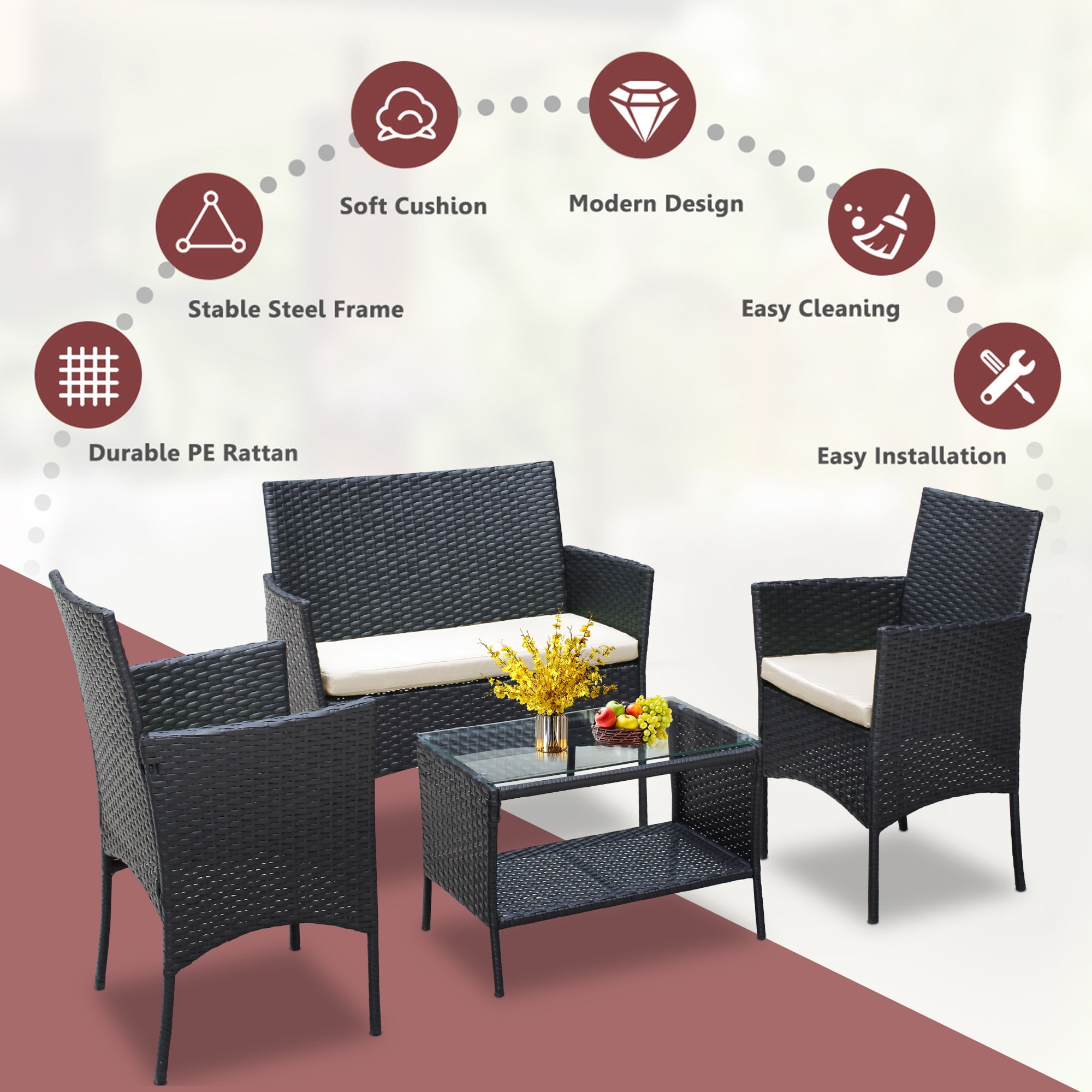 8 PCS Outdoor Patio Bistro Furniture Set, All-Weather Rattan Chair Set, Conversation Furniture Sets, Cushioned Seat & Glass Table, Bistro Table Set for Porch Garden Poolside Balcony, T208