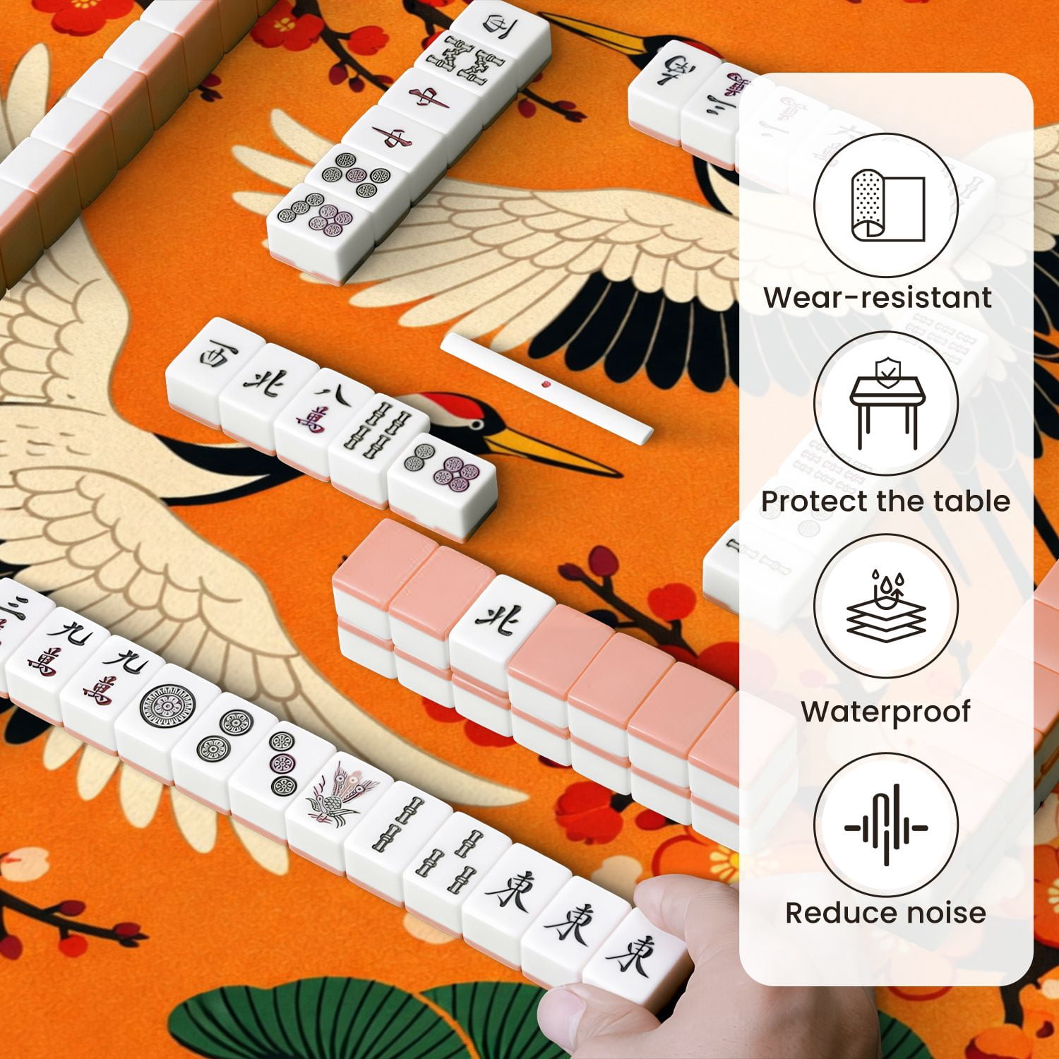 Mahjong Mat 31.5" x 31.5" Cranes Red White Plum Blossoms Traditional Japanese Style Non-Slip Noise Reduction Mahjong Tiles Table Cover for Dominoes Poker Card Board and Tile Games