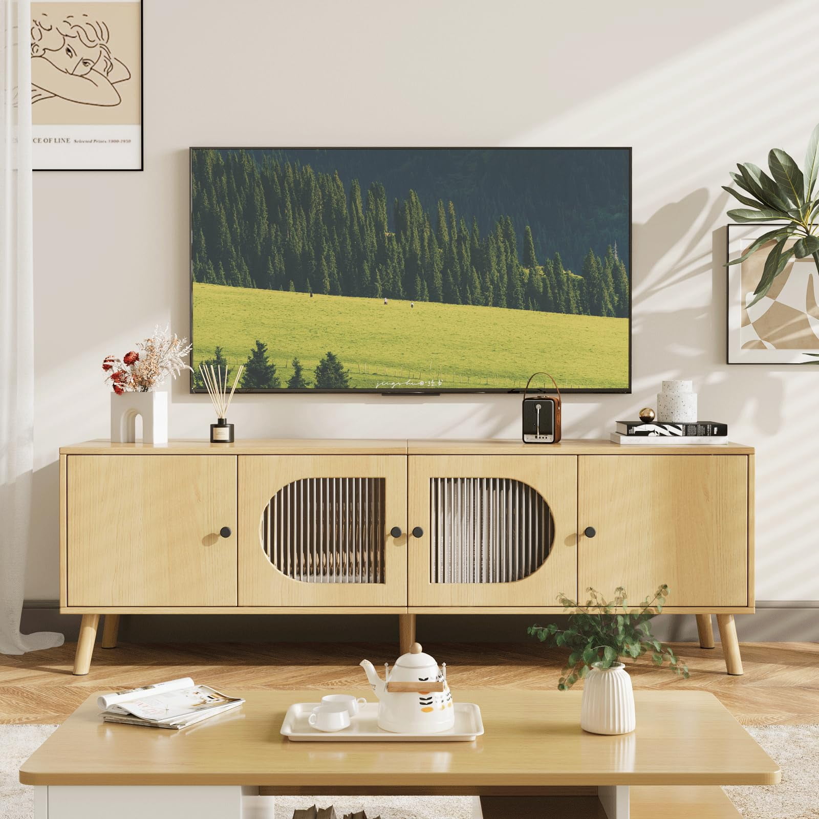 Richya TV Stand for 55/60/65 inches TV, Wood Media TV Cabinet with Glass Doors, Entertainment Center with Storage for Living Room, Bedroom, Oak