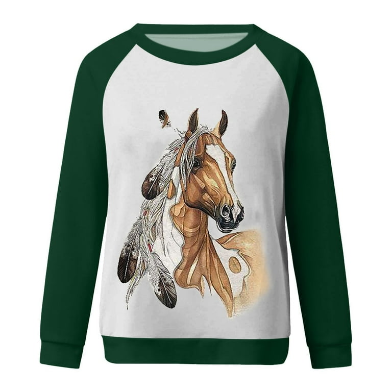 Horse print crew neck sweatshirt hot sale