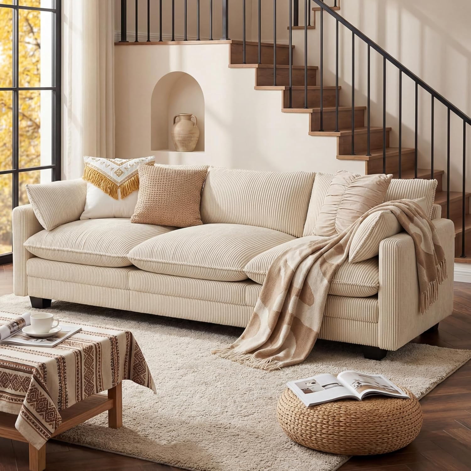 110" Cloud Couches for Living Room, Noelse 3 Seater Cloud Sofa with Double Layer Cushion and Deep Seat, Cream Couch with Washable Cover, Corduroy Fabric, Beige