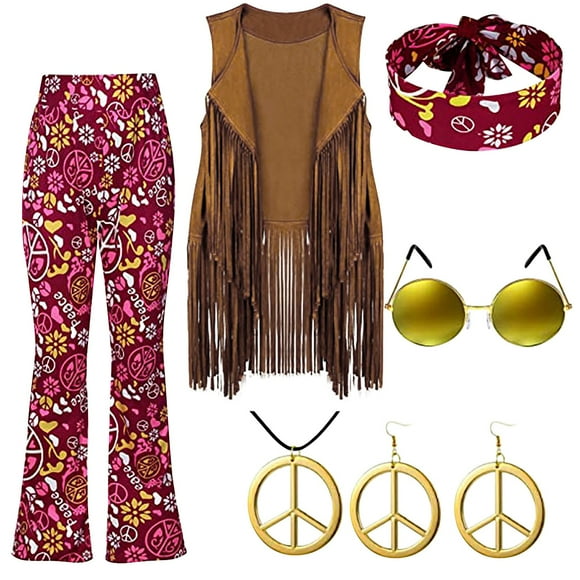 Baberdicy Women's Holiday 70S Hippie Party Retro Clothing Tassel Vest+Pants+Headscarf+Earrings+Glasses+Necklace Six Piece Set Wine Mardi Gras