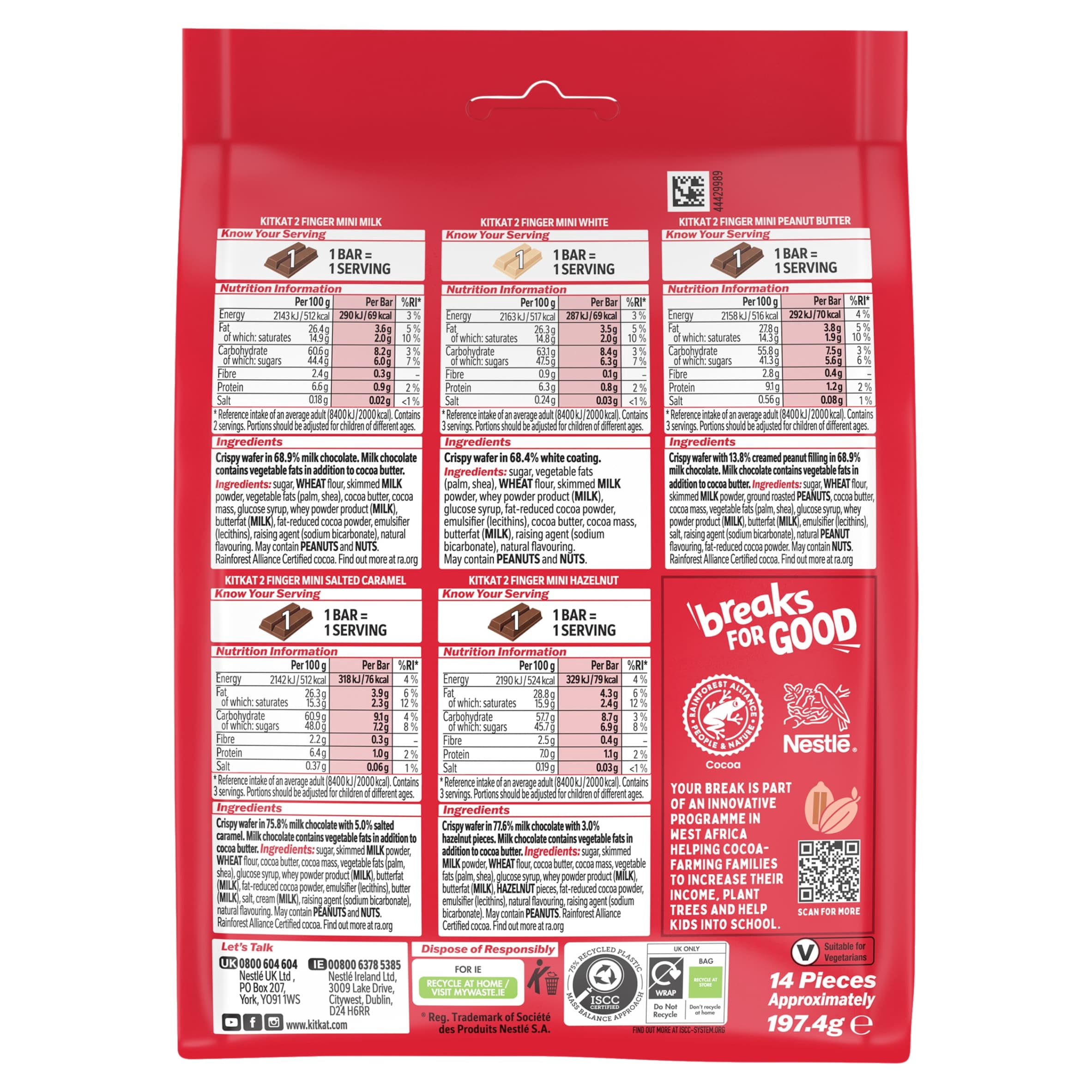 KitKat 2 Finger Mini Mix Chocolate Biscuit Bars Multipack 14 Pack 197.4g, Imported from Britain