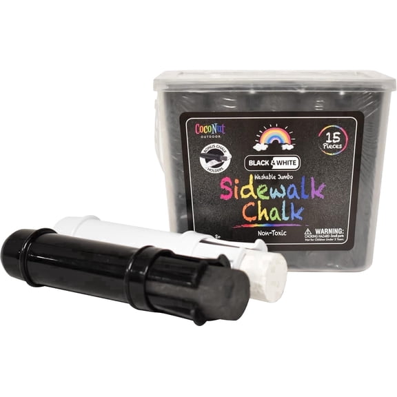 Jumbo Sidewalk Chalk Bucket | 30 Pieces Black & White Chalks 4 Holders | Washable Non-Toxic Chalk Set | 4" Jumbo Chalk Sticks for Sidewalks, Driveways & Outdoor Drawing | Kids Ages 3