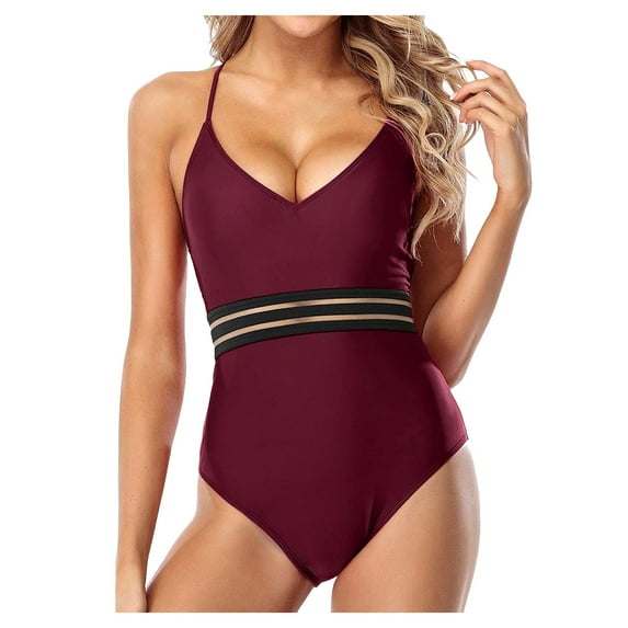 asdoklhq Swimsuits for Women Plus, Womens V Neck Swimsuits Mesh Halter One Piece Monokini Bathing Suit