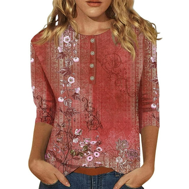 Innerwin Hauts Imprimé Floral T-Shirt Femme Col Rond Ample Rouge 2TG