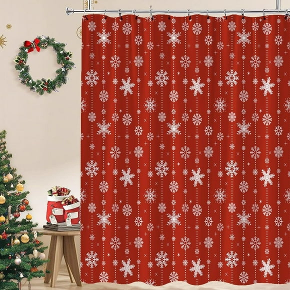 Rideau de Douche Flocon de Neige de Noël Hiver Rouge Blanc Joyeux Noël Bonne Année Festival Tissu Rideau de Salle de Bain avec Crochet