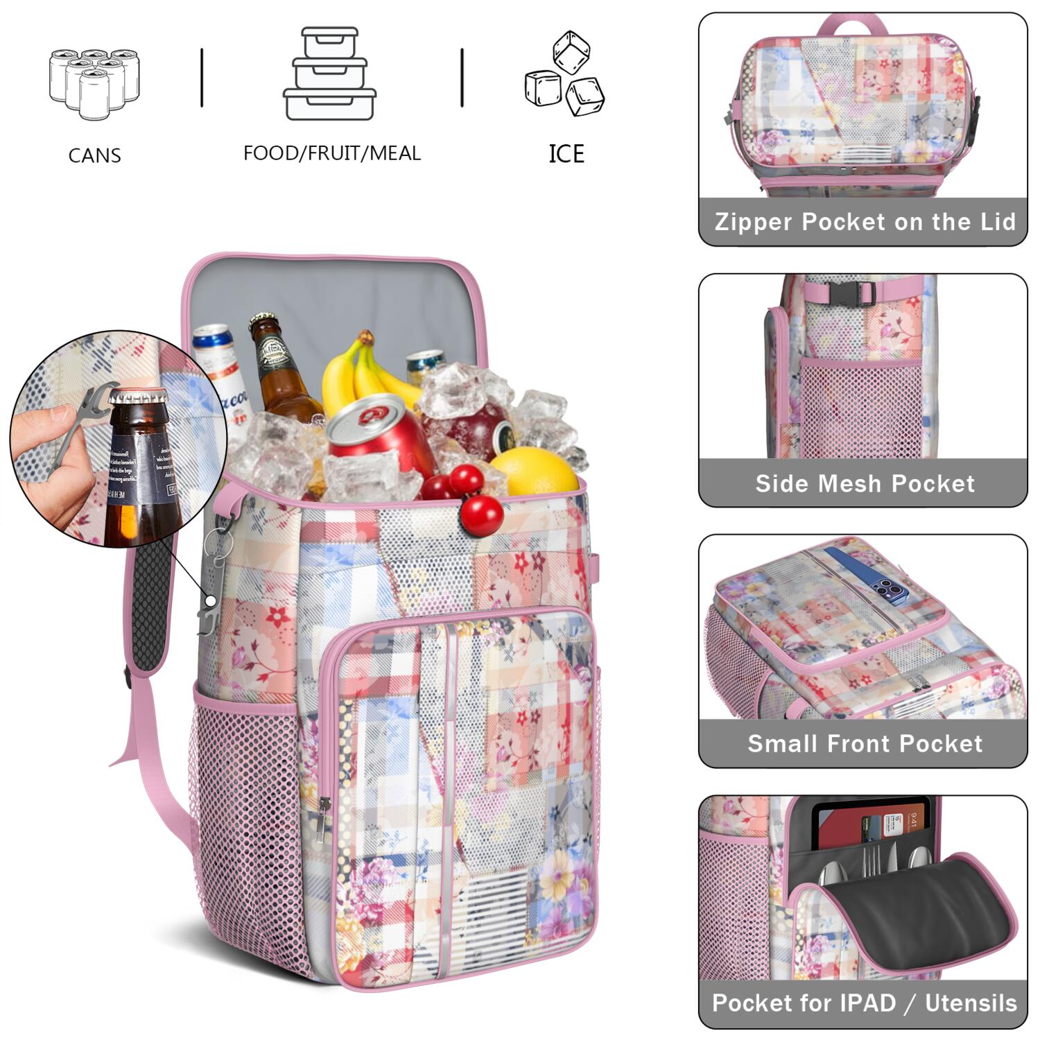 Travel Cooler Bag - Pioneer Flower Floral Print Pattern Camping Beer Cooler Backpack with Bottle Opener- Waterproof Insulated Picnic Backpacks - Cooler Bag for Beach