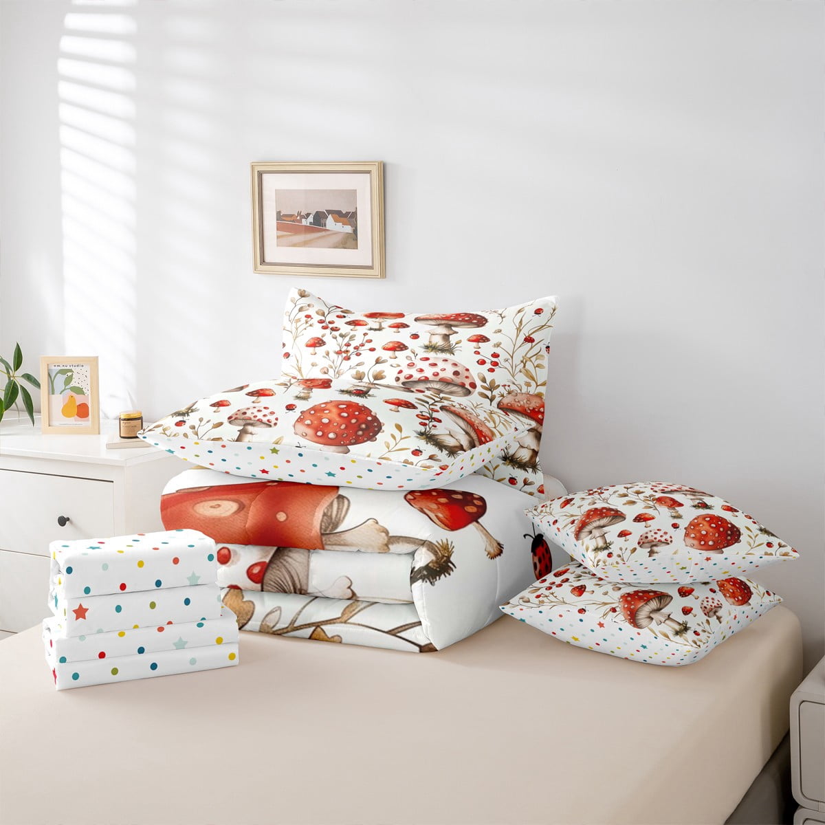 jejeloiu Red Mushroom House Bedding Comforter Set 7pcs,Rustic Farmhouse Cabin Queen Bedding Sets,Spring Garden Queen Sheet Sets,Microfiber Bedroom Decor Reversible