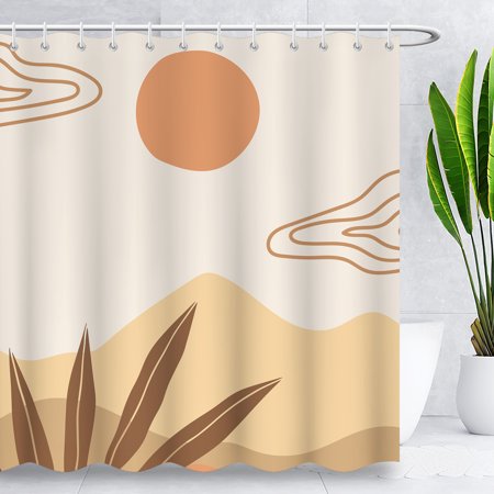 Boho Modern Minimalist Shower Curtain Mid-Century Abstract Sun and Cloud Shower Curtain Bathroom Fabric Waterproof Strap 12 Hooks