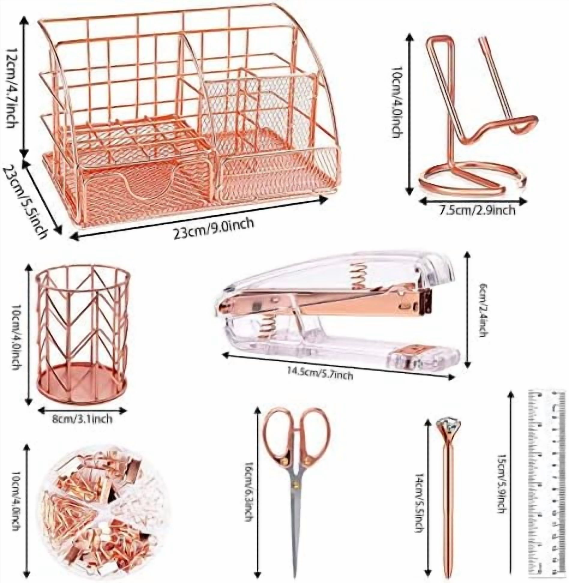 YNGLLC Rose Gold Desk Organizers and Accessories Office Supplies Set Stapler, Pen Holder, Phone Holder, Scissors, Pen, Ruler, 30 Paper Clips, 22 Binder Clip, 20 Tacks and 1000pcs Staples