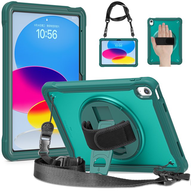 Heavy Duty Hybrid Protective Tablet Case For iPad 10th 10.9 2022 9th 8th 7th 10.2 9.7 Air 2 Rotating Stand Shoulder Strap Cover Dark Night Green For iPad 10th 2022