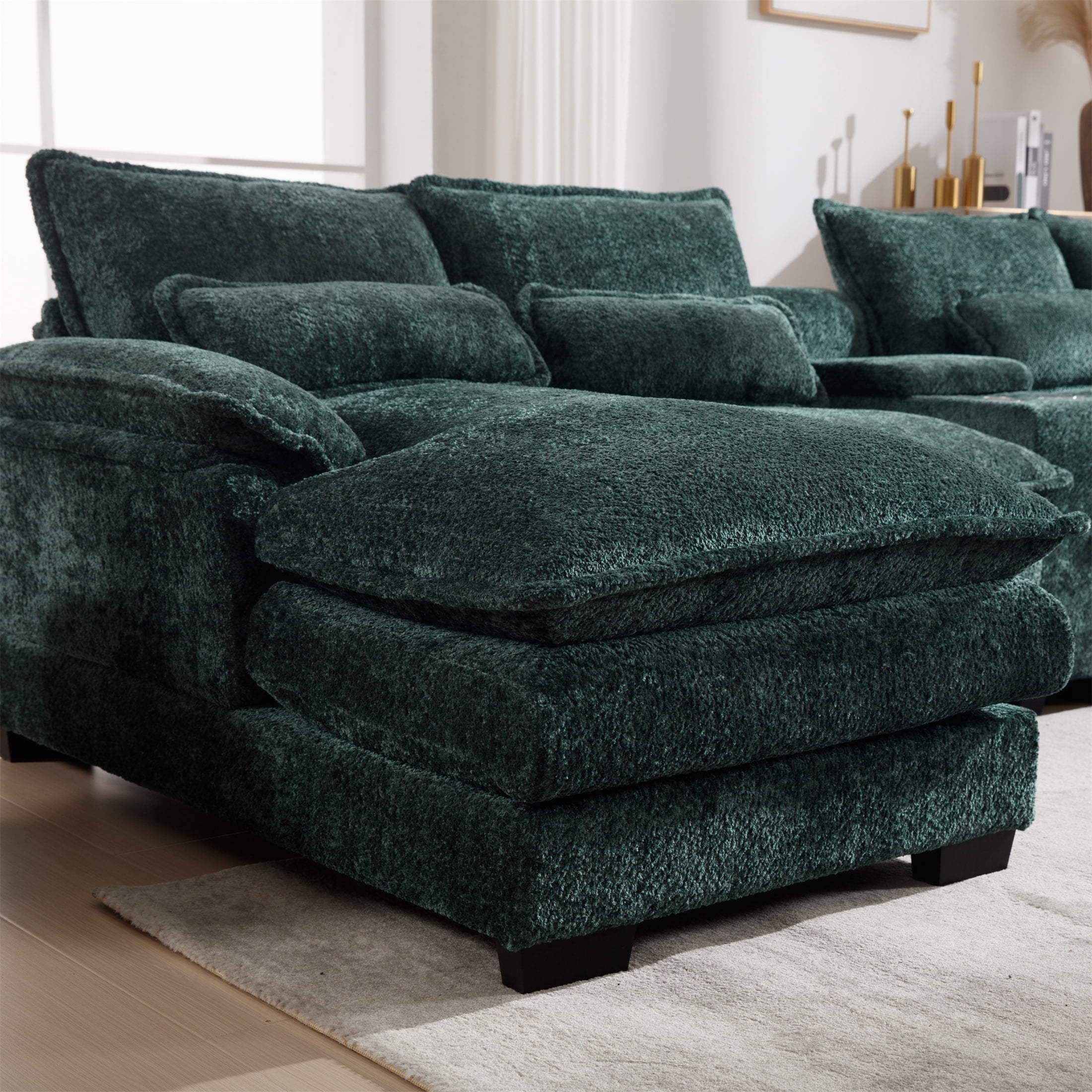 Aukfa 123" Oversized Sectional Sofa U-shaped Couch w/ Cupholder Console & USB Port for Living Room, Chenille, Green