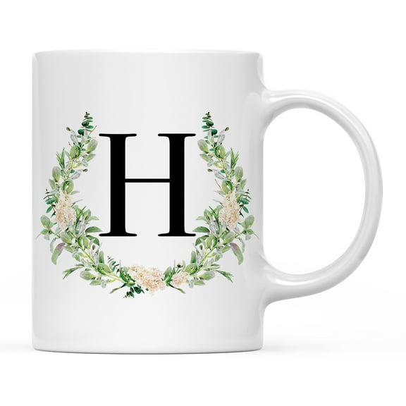 Koyal Wholesale Ceramic Coffee Mug, Garden Green Monogram Initial Letter H