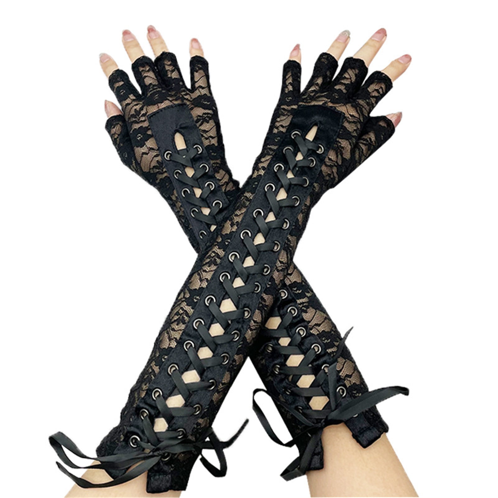 Jet Black Long Lace Fingerless Gloves for Women Plus Size Cosplay 