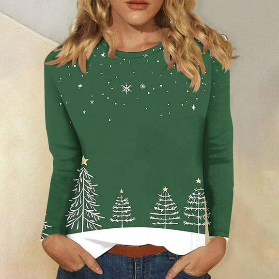 HOMBOM Womens Long Sleeve Tops Plus Size Fashion Green Vintage Merry and Bright Christmas Crewneck Xmas T Shirts for Female