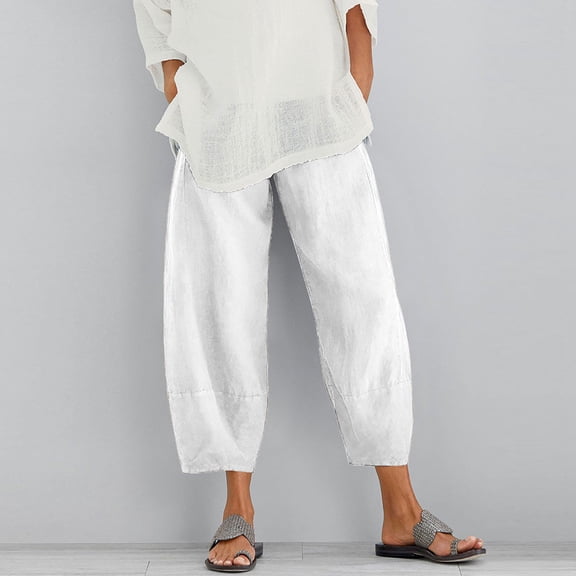 BLCHUNen Cropped Pants for Women Casual Cotton Linen Lightweight Elastic Waist Breathable Summer Beach Pants
