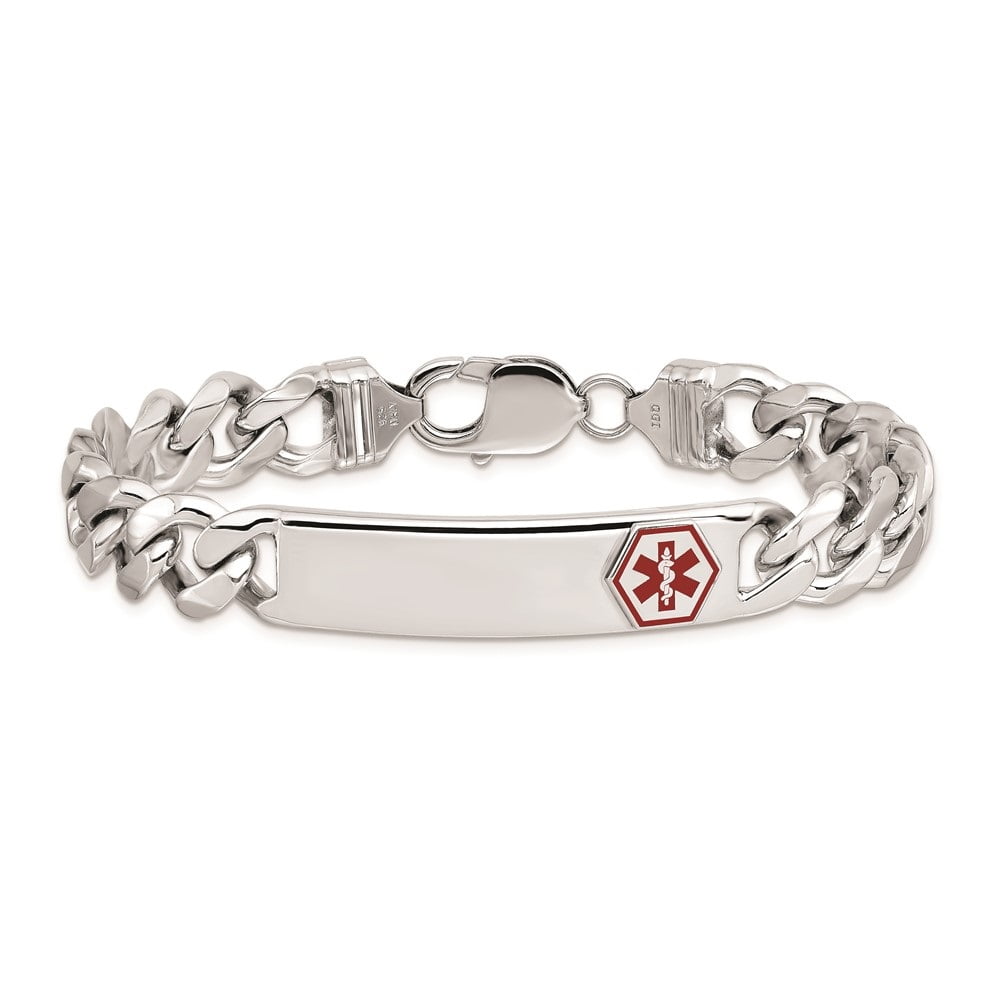 Sterling Silver Rhodium-Plated Medical ID Bracelet - 7" Curb Link With Red Enamel & Lobster Clasp