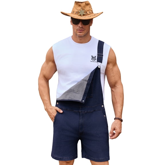 Shorts Overalls for Men Work Jumpsuit Stretchy Rompers Bibs Coveralls Overol para Hombre(Dark Blue,L)