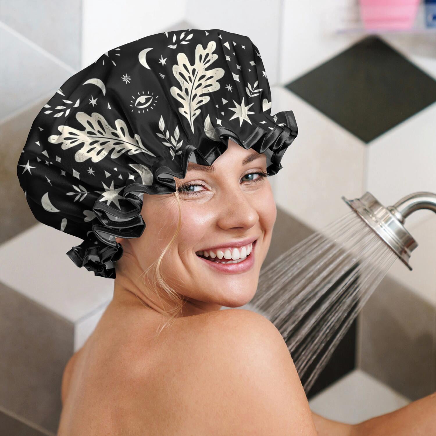 Shower Caps,Black Gothic Moon Flower Star Pattern Waterproof Shower Cap for Women 4 Pieces,Double Reusable Hair Cover for Shower PEVA Elastic Stretch Hem