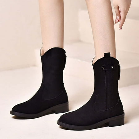 

Zedker Chunky Boots for Women Platform Women s Wide Width Boots Women s Retro Solid Color Middle-Heels Round-Toe Boots Mid Calf Back Zipper Boots