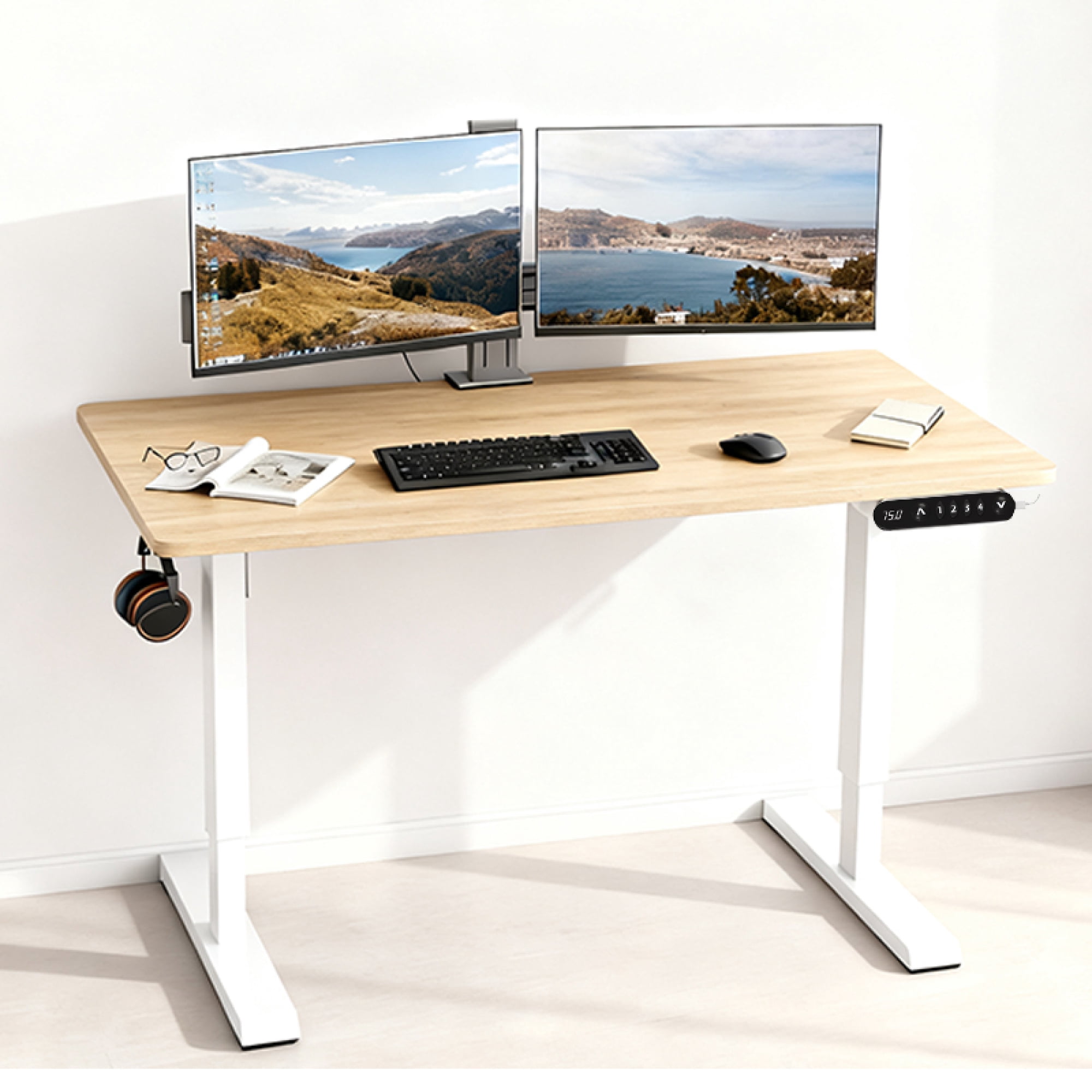 55"W Electric Standing Desk,Home Office Electric Height Adjustable Standing Desk Lifting Range 27~45" Computer Desk for Home Office,Oak02