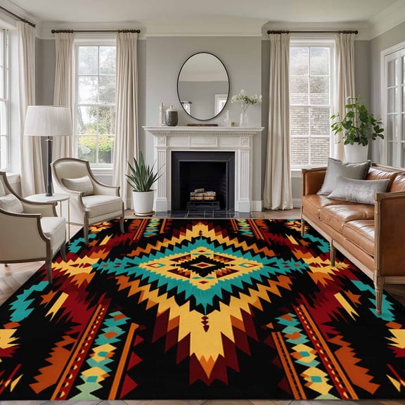 6'x9' Area Rugs, Boho Orange Teal Indoor Outdoor Area Rug for Living Room Bedroom, Southwestern Ethnic Abstract Geometric Washable Bathroom Rugs Kitchen Floor Carpet Mats Home Decor Aesthetic